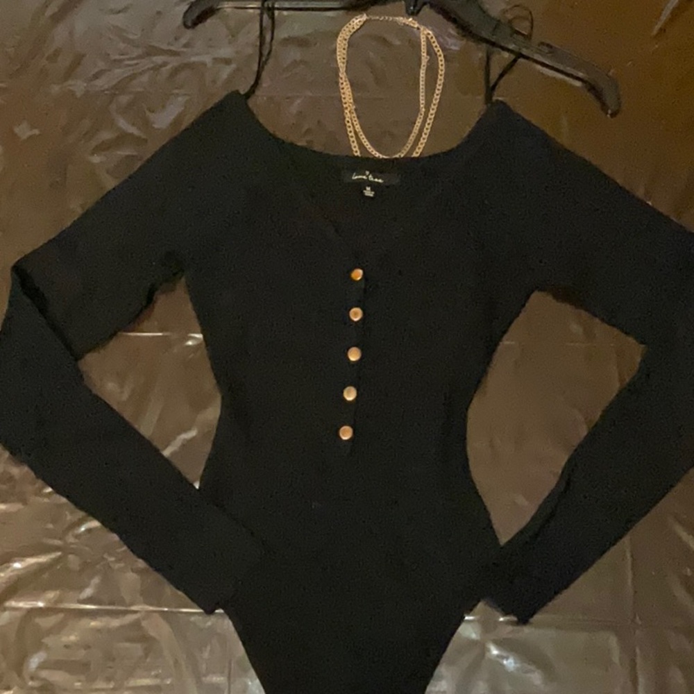 Black Long Sleeve Bodysuit with Rose-gold Buttons